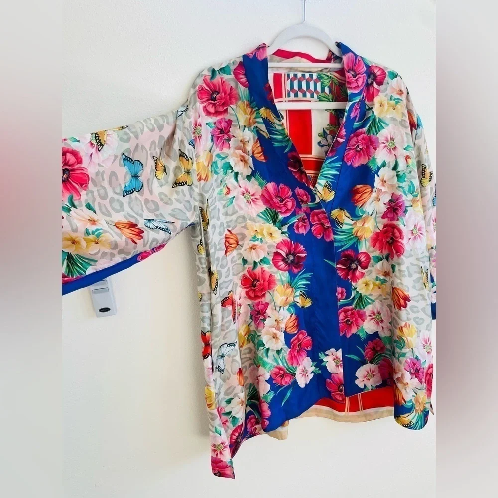 Johnny Was Blue Red multicolor floral printed Ridge Gianni reversible Kimono S